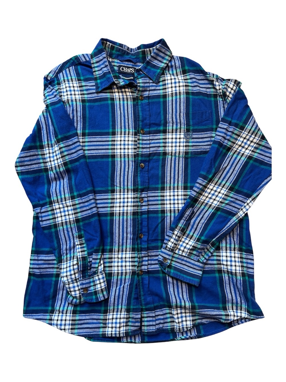 Chaps Performance Men’s XL Blue Green Plaid Flannel Button Down Shirt Cotton
